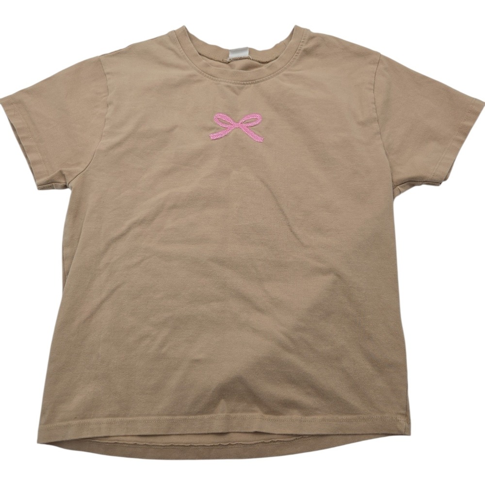 Vibe N Juniors Tan Cotton Blend Short Sleeve T-Shirt Pink Embroidered Bow Large